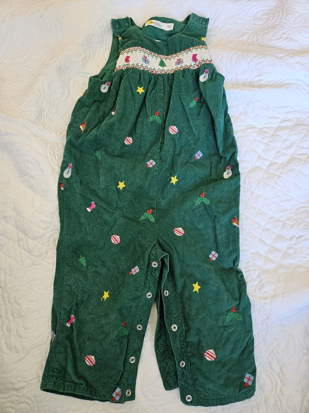 Baby Boden Green Corduroy Smocked Christmas Jumpsuit